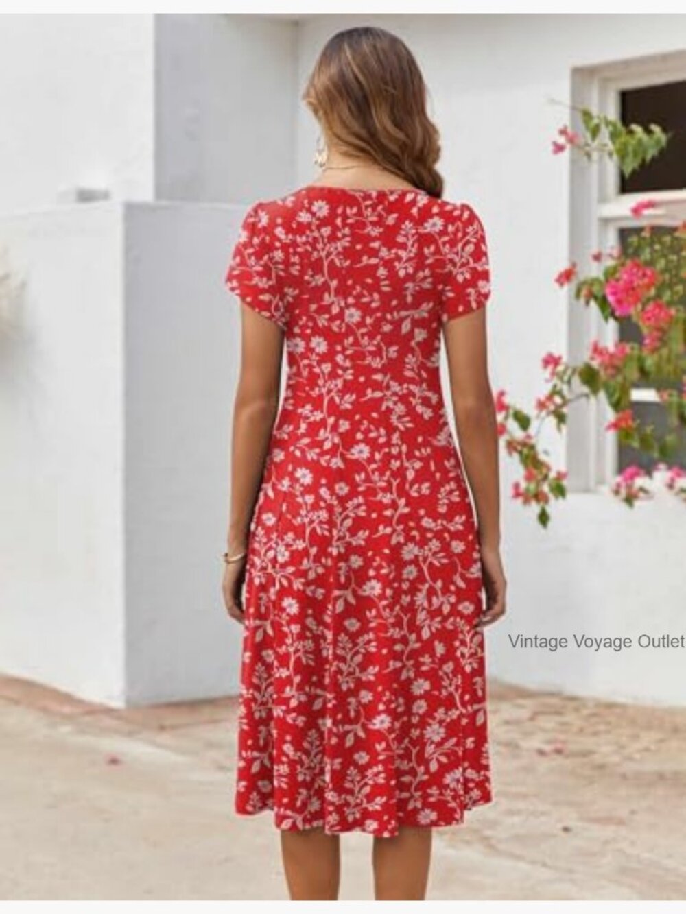 Short Sleeve Flare Midi Dress Loose Flowy Beach Sundress - Picture 4 of 7